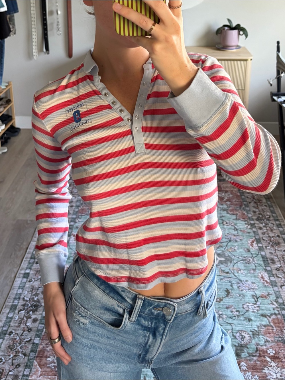 Y2K Striped Long Sleeve Polo Baby Tee Red Blue White XS/S